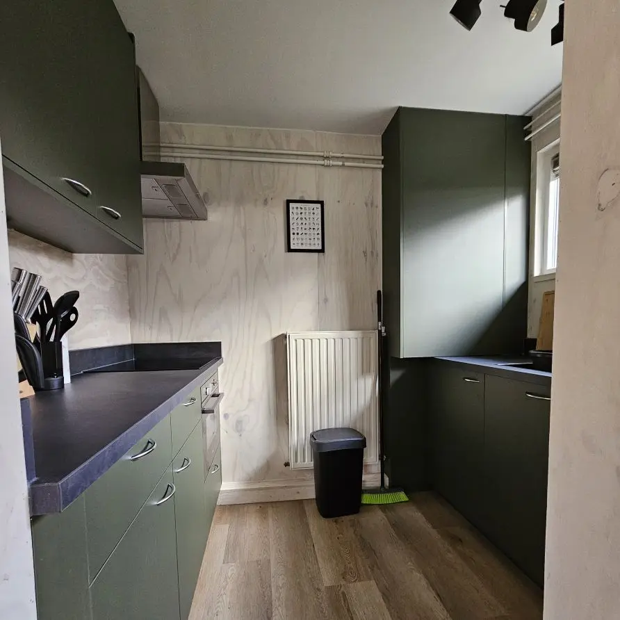 Groene keuken met zwart werkblad